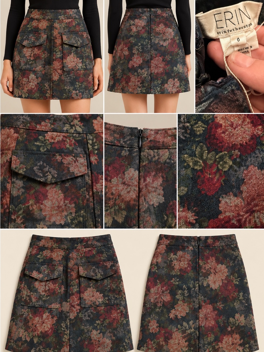 Anthropologie Erin Flocked Floral Mini Skirt in Navy, Burgundy, Olive
